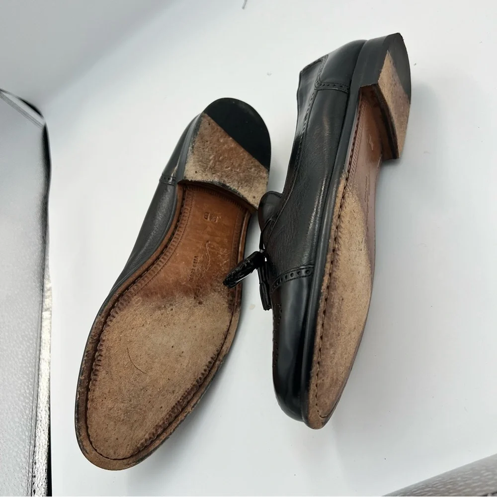 Meylan Tassel Loafers 8.5B Black Leather Cap Toe Brogue Made in Spain